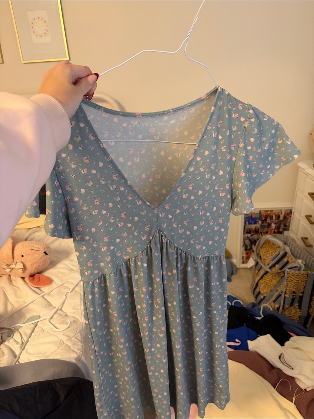 Aeropostale Light Blue Floral V-Neck Mini Dress